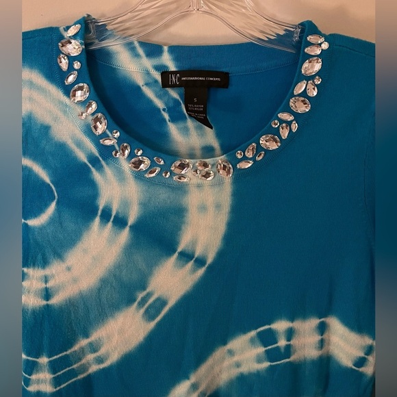 INC Women’s Turquoise Top, w/Bling Neckline 3/4 Sleeve Tie Dye Spirals; Size S - Picture 3 of 7